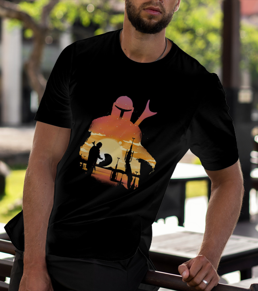 The Mandalorian Sunset Silhouette With Bounty Hunter And Child In Desert Scene T-Shirt