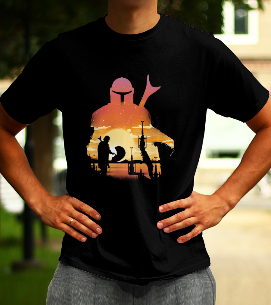 The Mandalorian Sunset Silhouette With Bounty Hunter And Child In Desert Scene T-Shirt