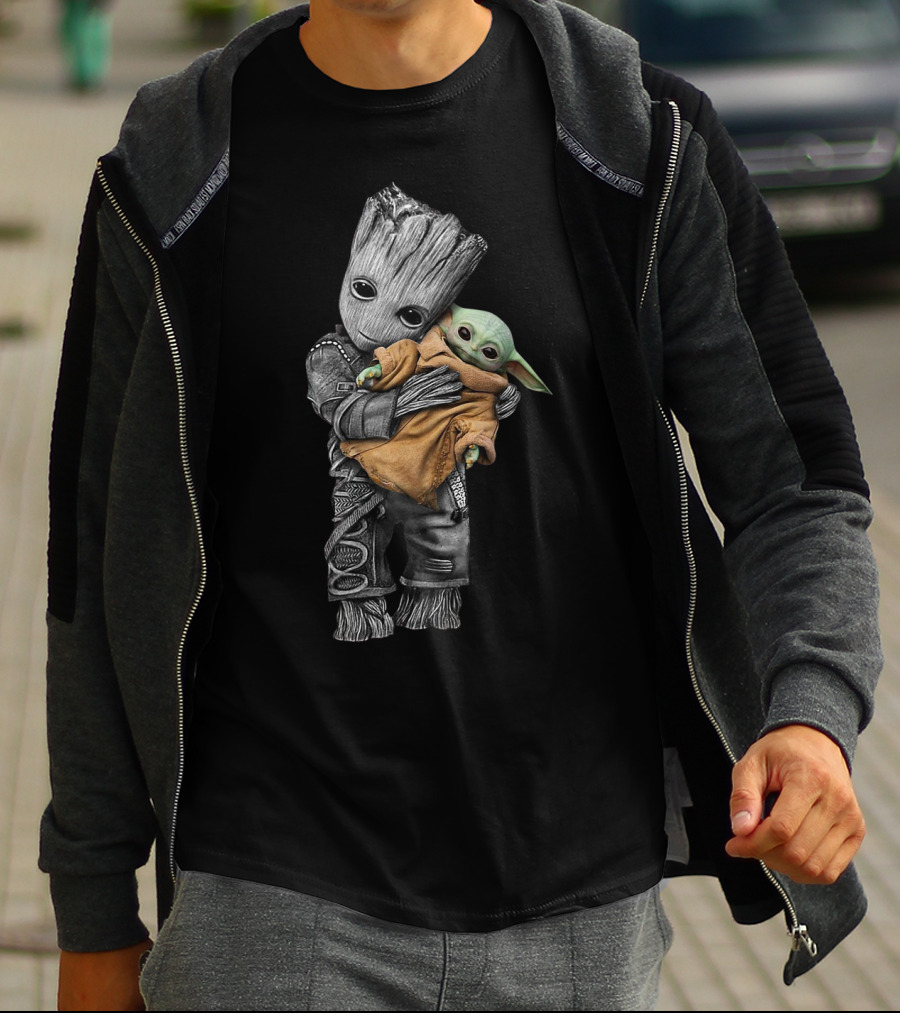 Groot Cradling Baby Yoda Together T-Shirt