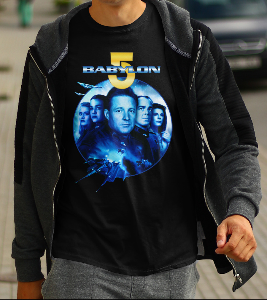 Babylon 5 Science Fiction Series Characters And Spaceship T-Shirt