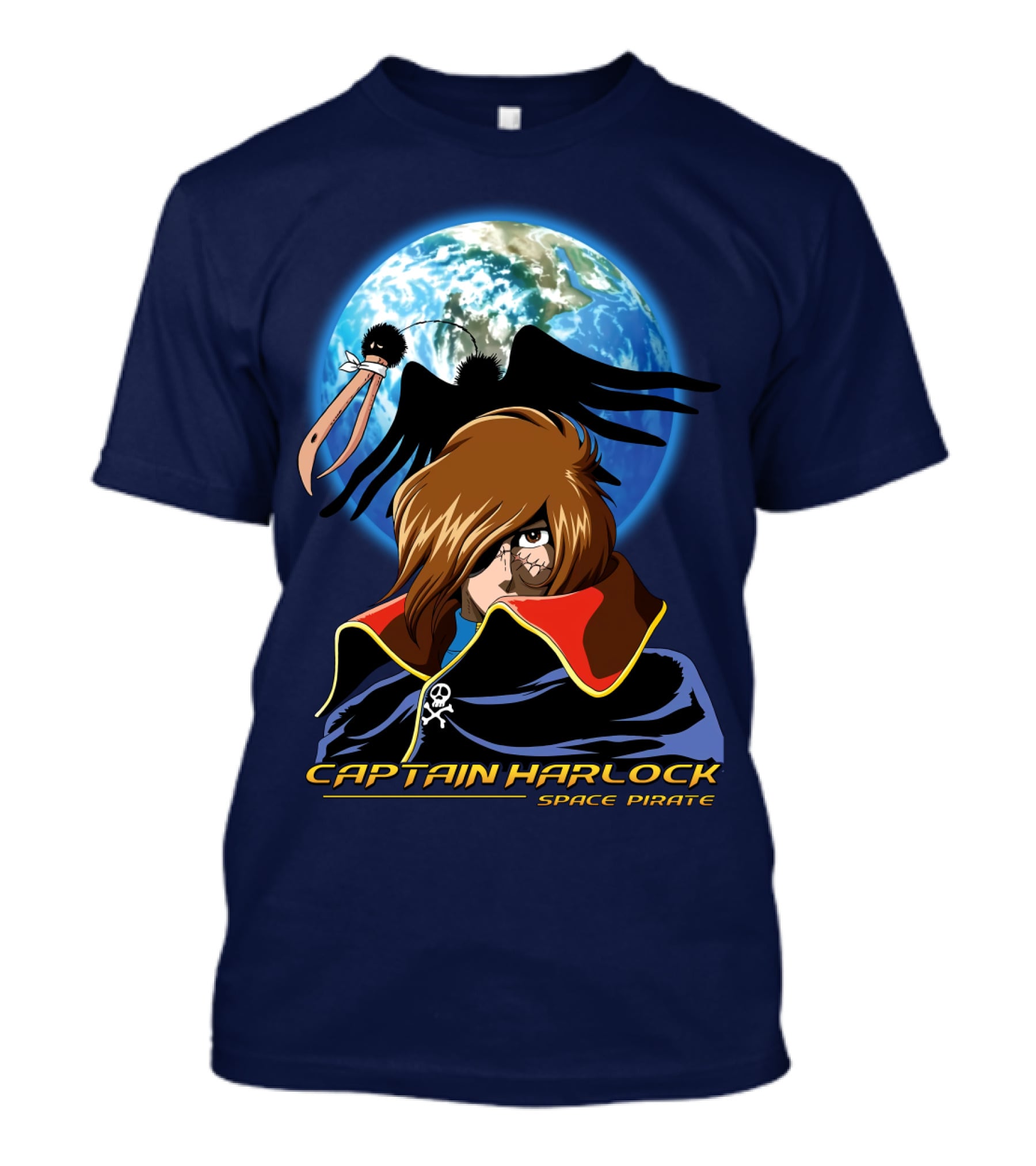 Captain Harlock Space Pirate Anime Icon With Earth And Black Bird T-Shirt
