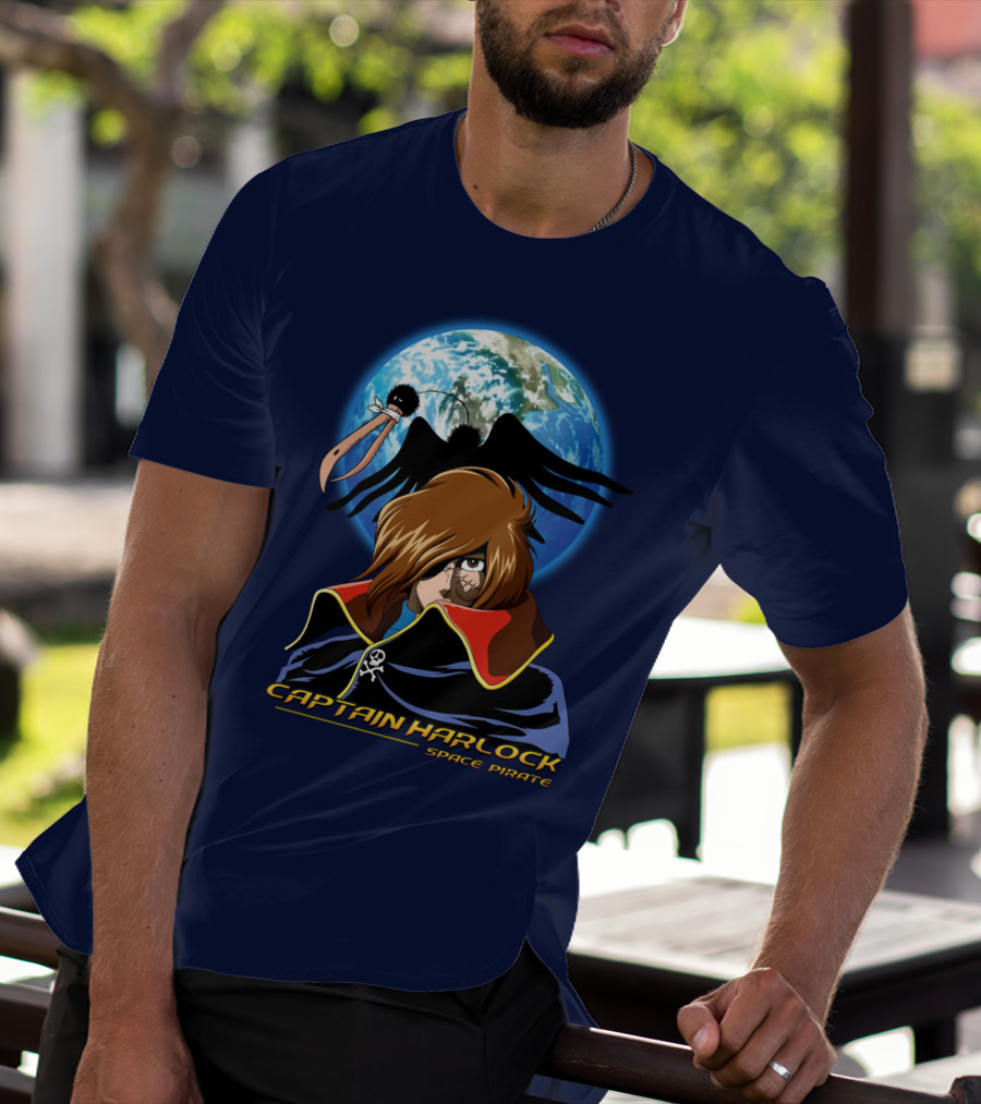 Captain Harlock Space Pirate Anime Icon With Earth And Black Bird T-Shirt