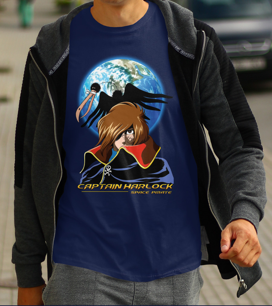 Captain Harlock Space Pirate Anime Icon With Earth And Black Bird T-Shirt