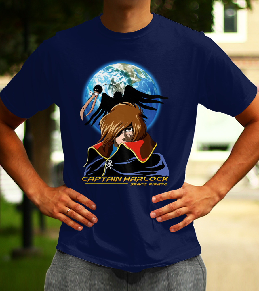 Captain Harlock Space Pirate Anime Icon With Earth And Black Bird T-Shirt