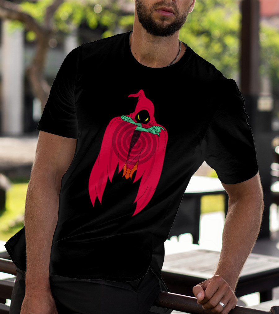 Shadow Weaver Enigmatic Hooded Phantom With Red Cape And Yellow Eyes T-Shirt