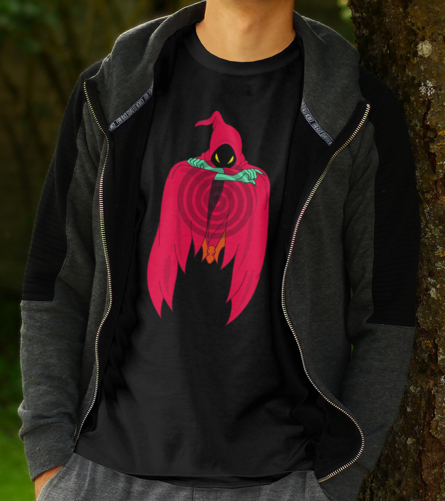 Shadow Weaver Enigmatic Hooded Phantom With Red Cape And Yellow Eyes T-Shirt