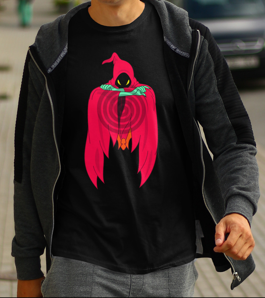 Shadow Weaver Enigmatic Hooded Phantom With Red Cape And Yellow Eyes T-Shirt