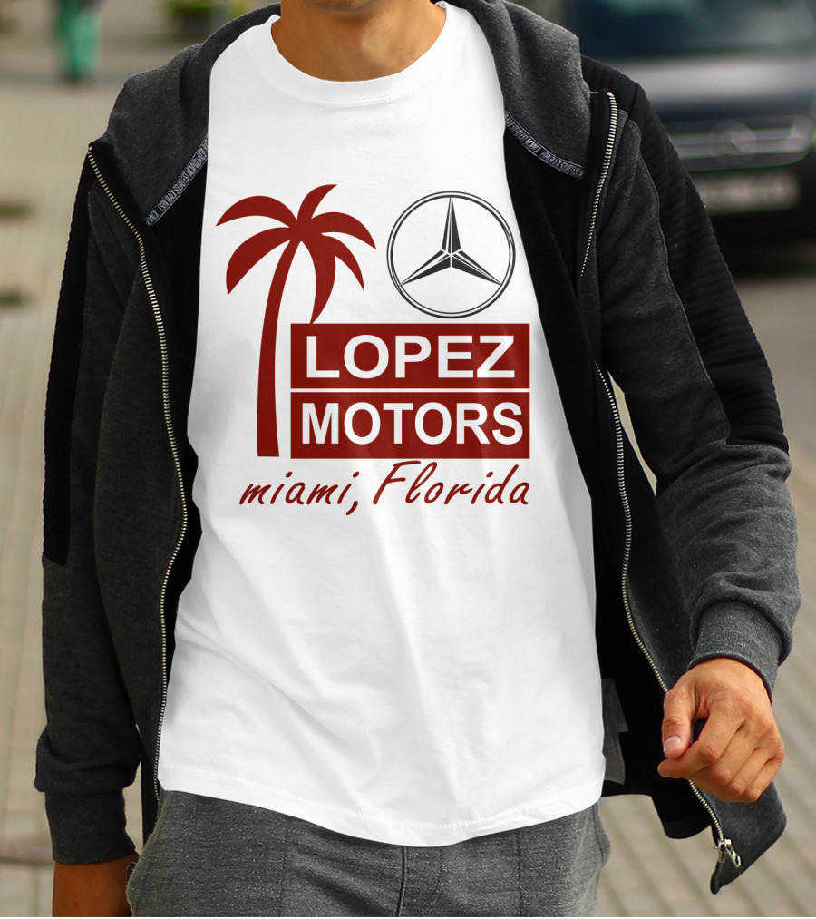 Lopez Motors Miami Florida Scarface Palm Tree Mercedes Benz Star T-Shirt