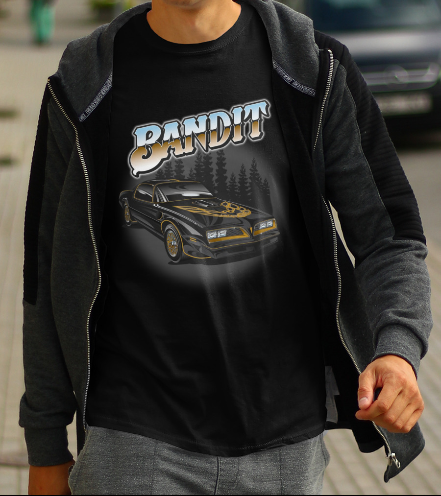 BANDIT Car With Golden Hood Decal And Pine Forest Background T-Shirt