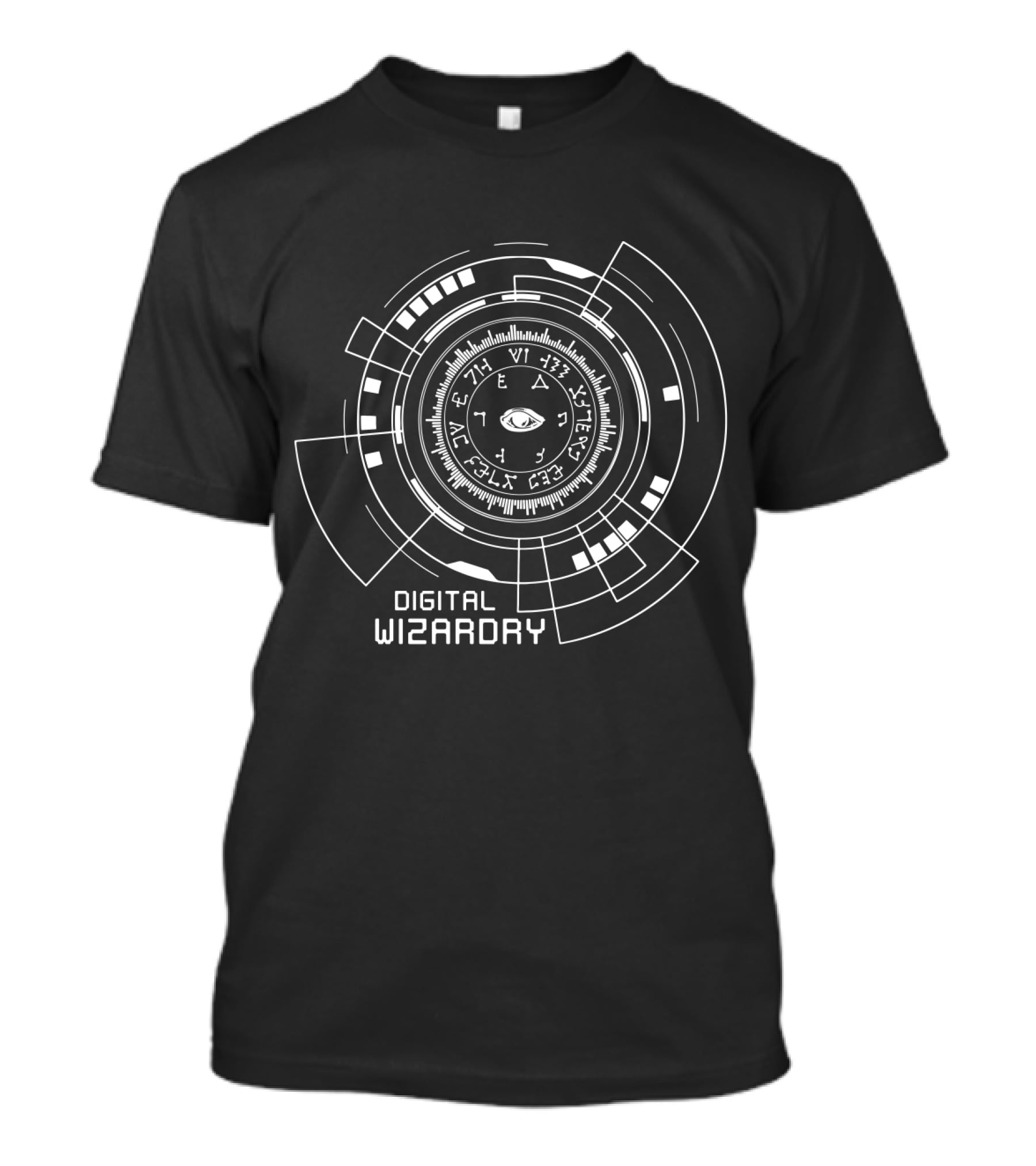 Digital Wizardry Futuristic Interface With Mystical Eye And Glyphs T-Shirt