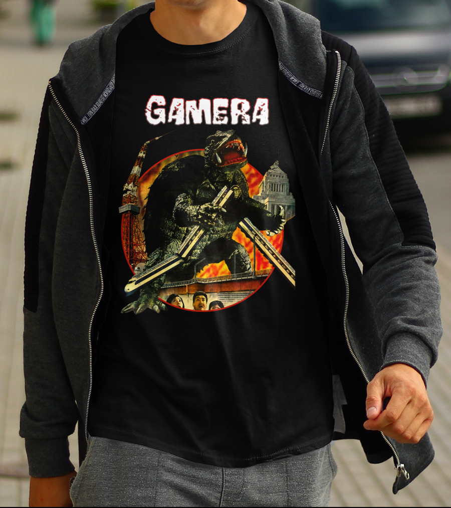 Gamera Monster Clash With Iconic Japanese Tower And Cityscape Scene T-Shirt