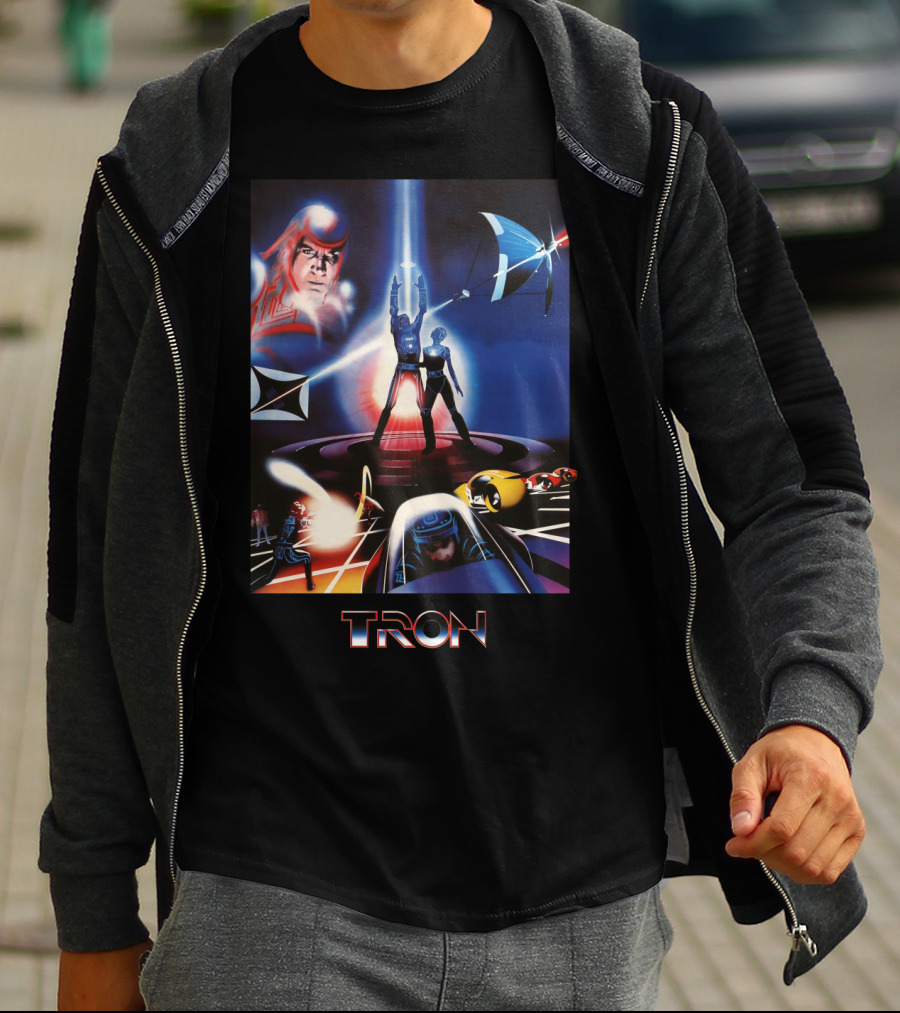 TRON Movie Artwork With Iconic Light Cycle And Disc Battle T-Shirt