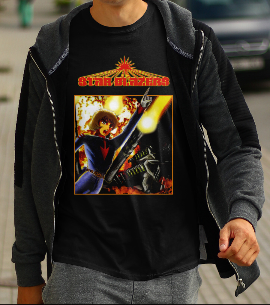 Star Blazers Anime Character In Action Scene With Explosions And Giant Mecha T-Shirt