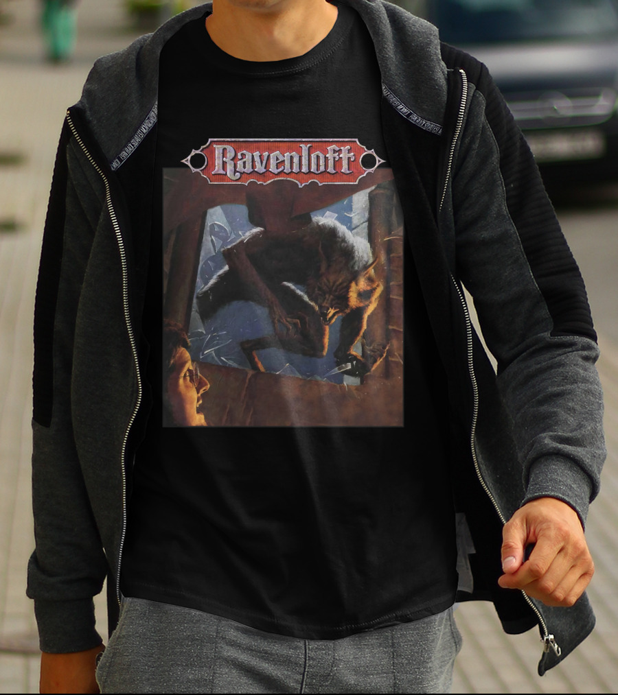 Ravenloft Dark Of The Moon Wolf And Person In Broken Window Scene T-Shirt