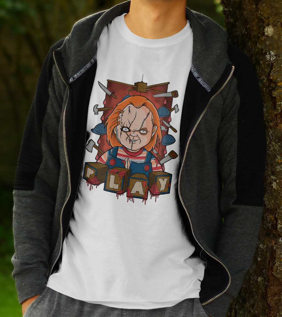 Chucky Blocks With Knives And Axes Background T-Shirt