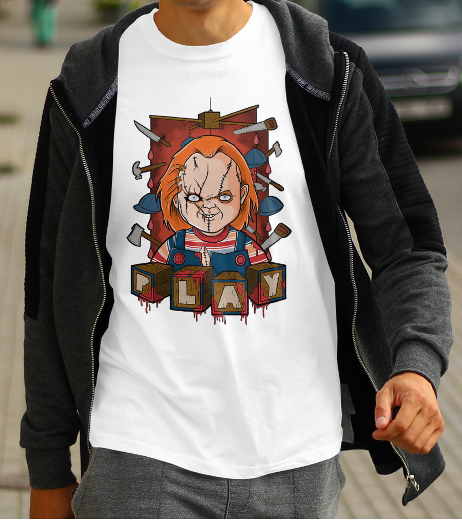 Chucky Blocks With Knives And Axes Background T-Shirt