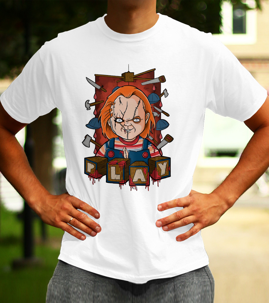 Chucky Blocks With Knives And Axes Background T-Shirt