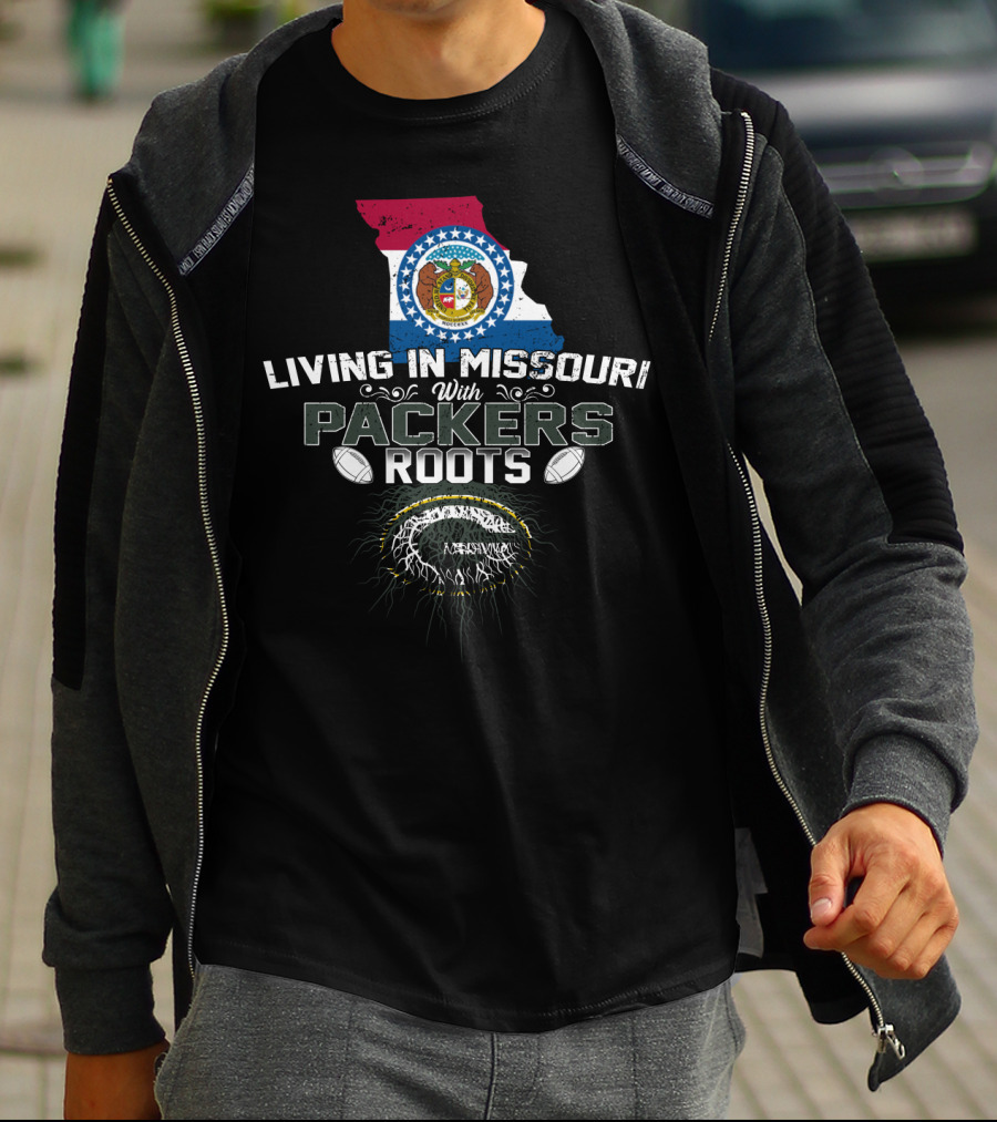 Living In Missouri Proudly Embracing Packers Roots With Football T-Shirt