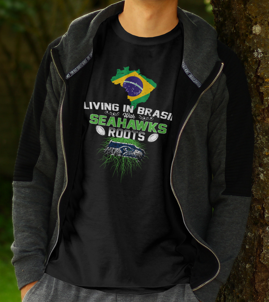 Living In Brasil With Seahawks Roots Flag And Football Iconic Representation T-Shirt