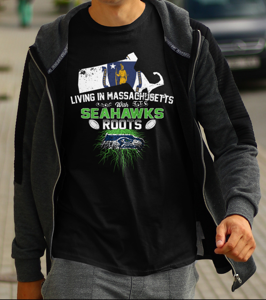 Living In Massachusetts With Seahawks Roots Massachusetts Flag Logo Football T-Shirt