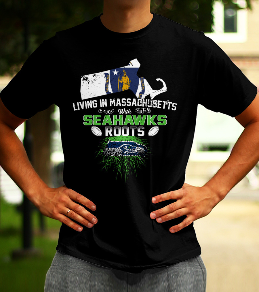 Living In Massachusetts With Seahawks Roots Massachusetts Flag Logo Football T-Shirt