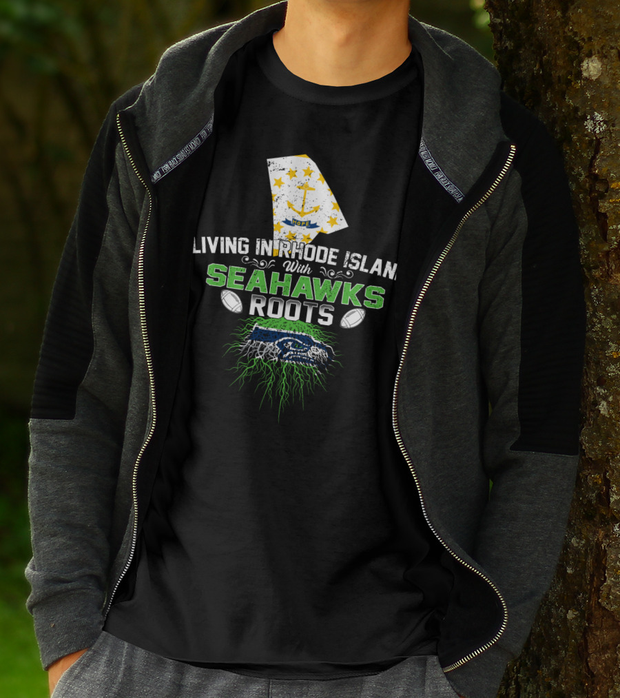 Living In Rhode Island With Seahawks Roots Featuring Rhode Island Flag And Fierce Seahawk Emblem T-Shirt