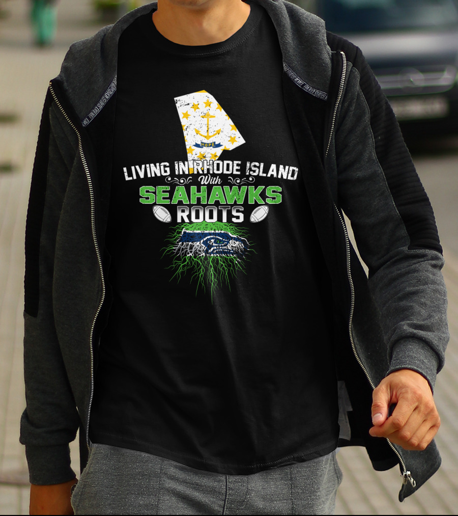 Living In Rhode Island With Seahawks Roots Featuring Rhode Island Flag And Fierce Seahawk Emblem T-Shirt