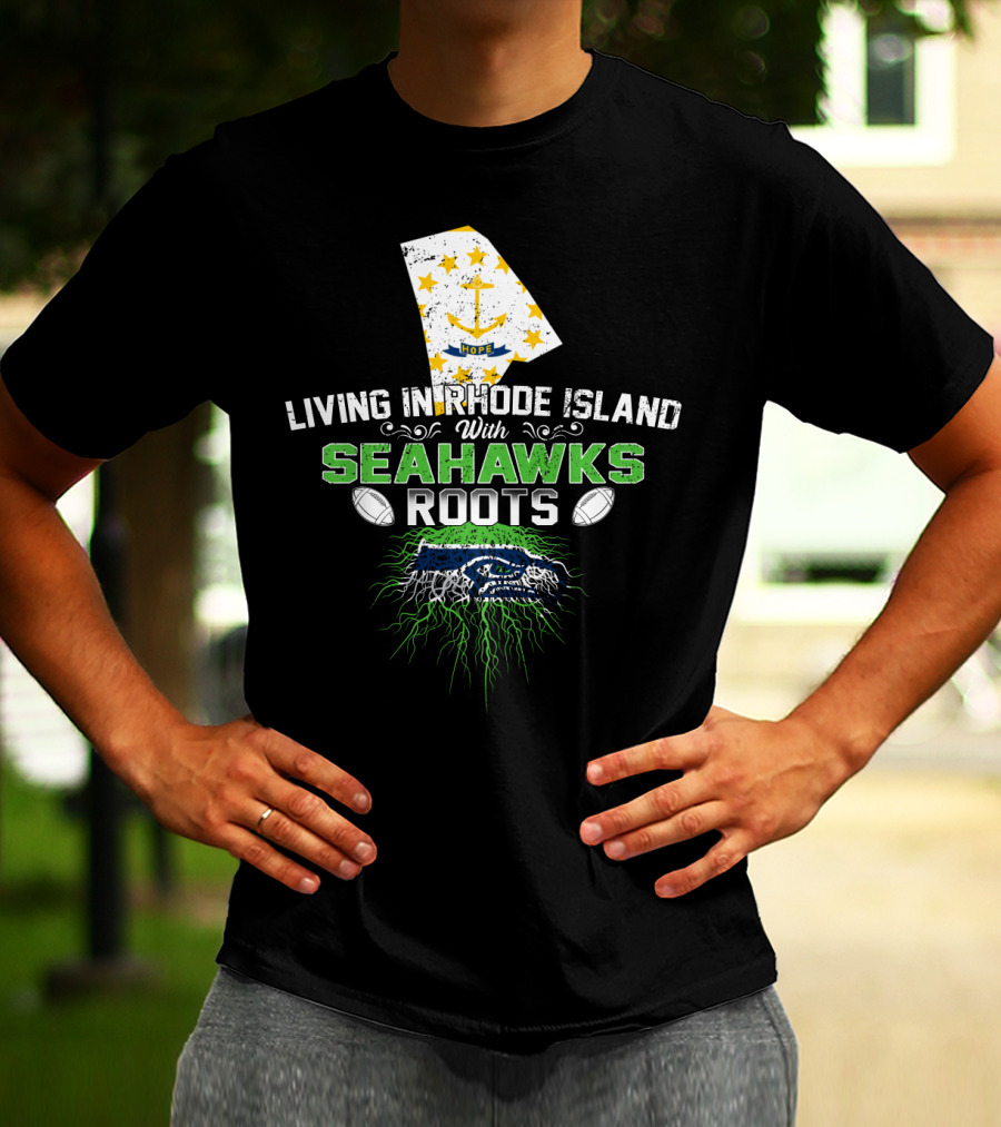 Living In Rhode Island With Seahawks Roots Featuring Rhode Island Flag And Fierce Seahawk Emblem T-Shirt
