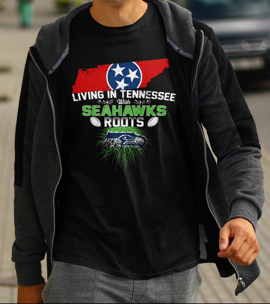 Living In Tennessee With Seahawks Roots And Tennessee Flag Map T-Shirt