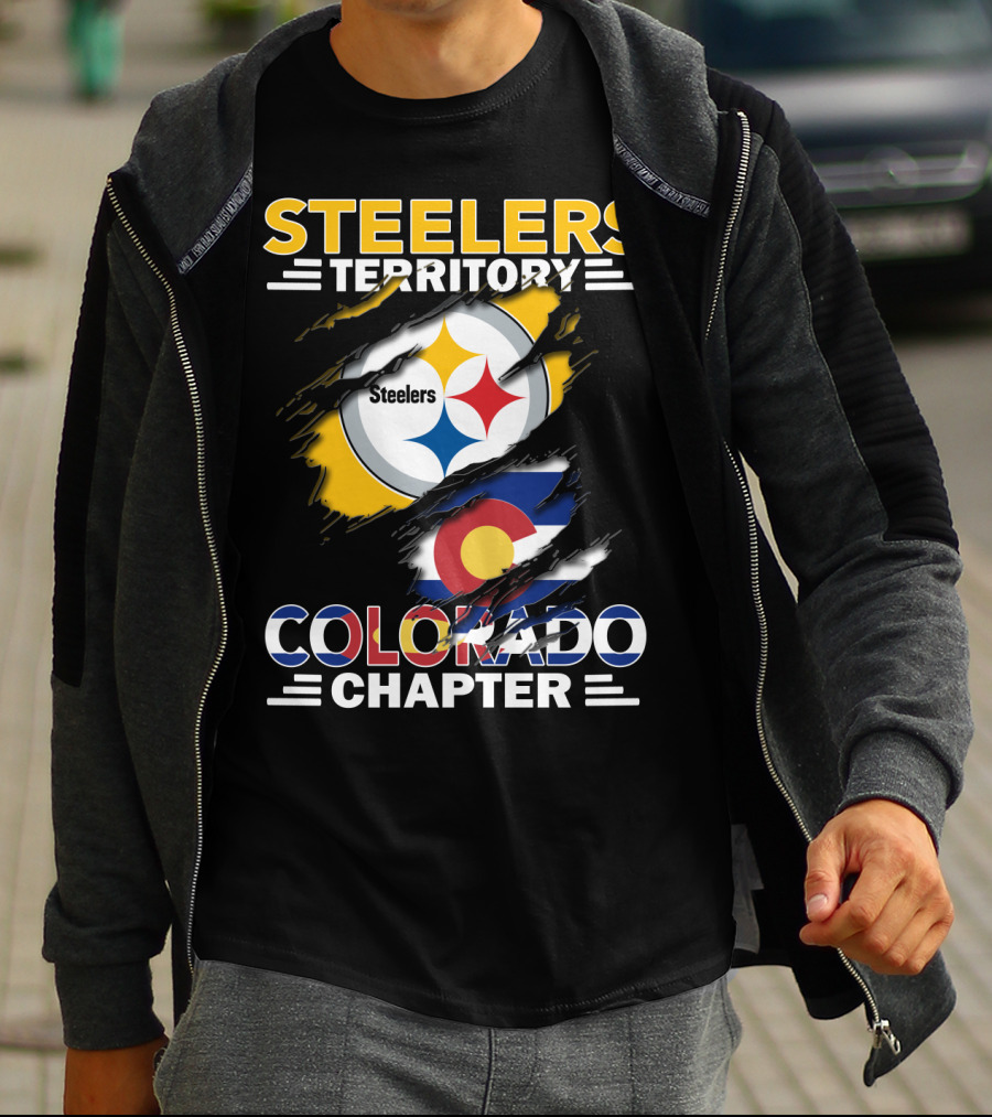 Steelers Territory Colorado Chapter Logo With Colorado Flag And Steelers T-Shirt