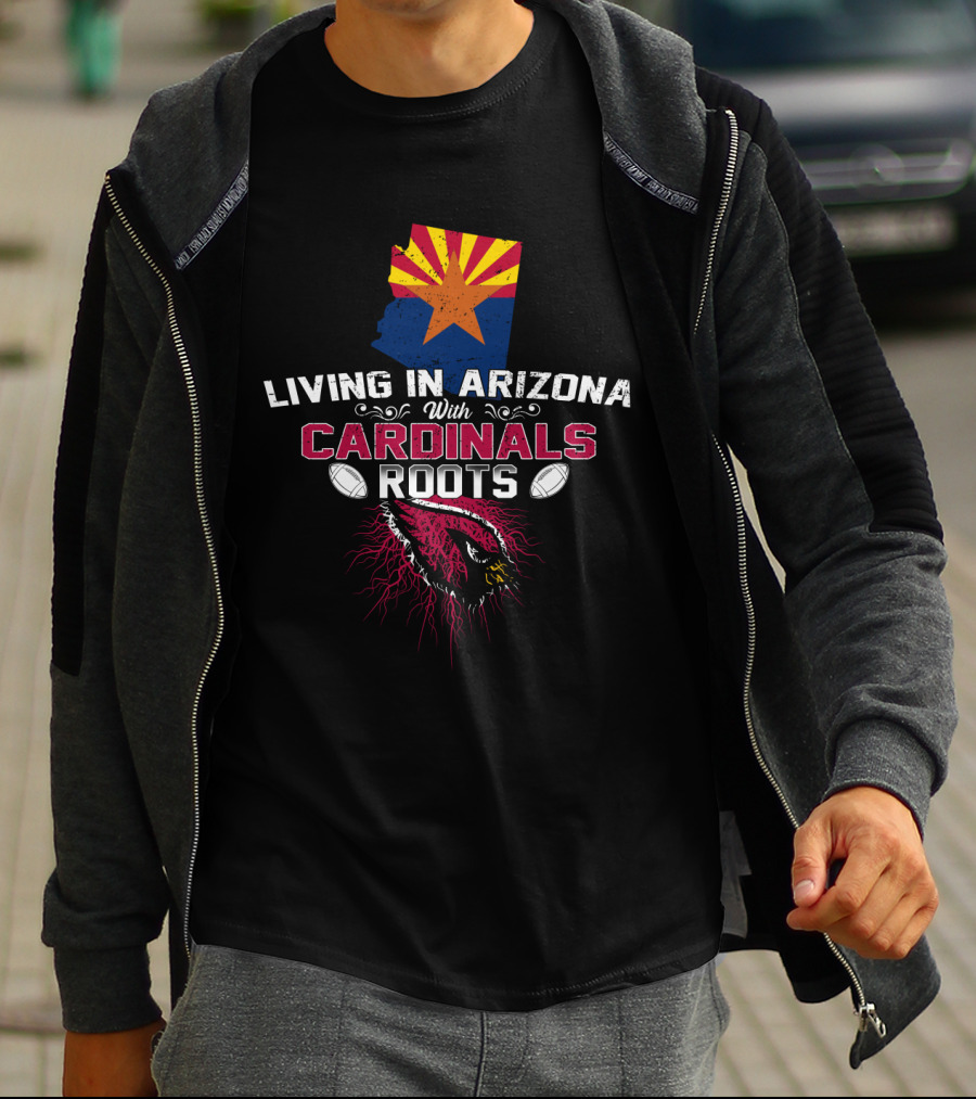 Living In Arizona With Cardinals Roots Arizona Map Flag Football T-Shirt