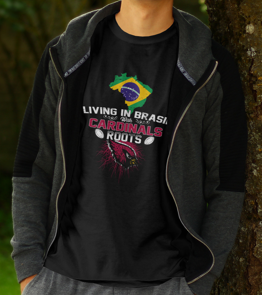 Living In Brasil With Cardinals Roots Brazil Flag And Football Elements T-Shirt