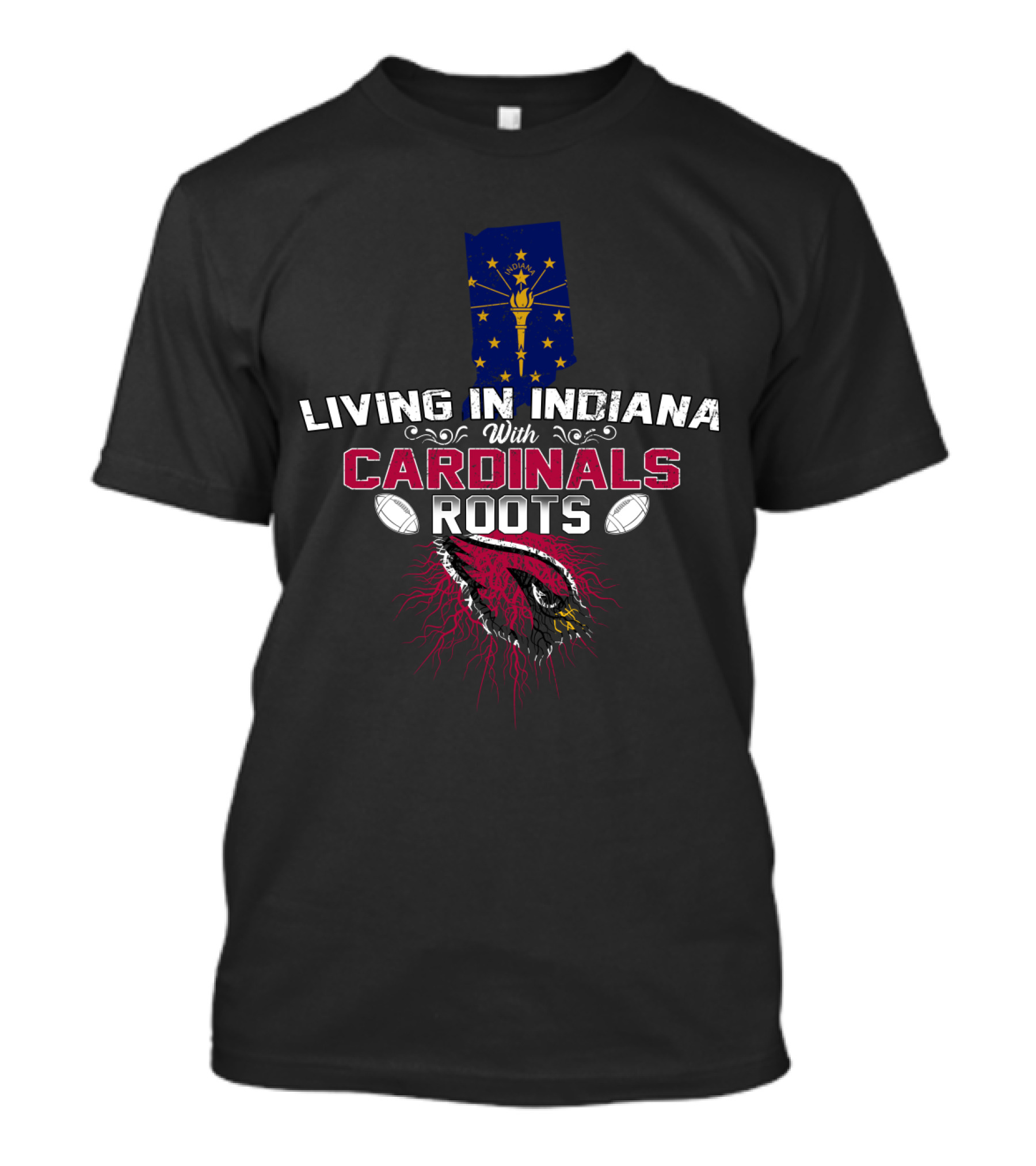 Living In Indiana With Cardinals Roots Featuring Indiana Map And Football Elements T-Shirt