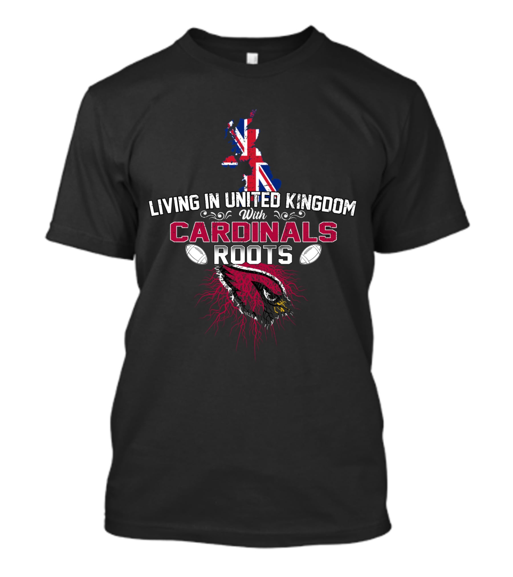 Living In United Kingdom With Cardinals Roots Union Jack Map And American Football Graphics T-Shirt
