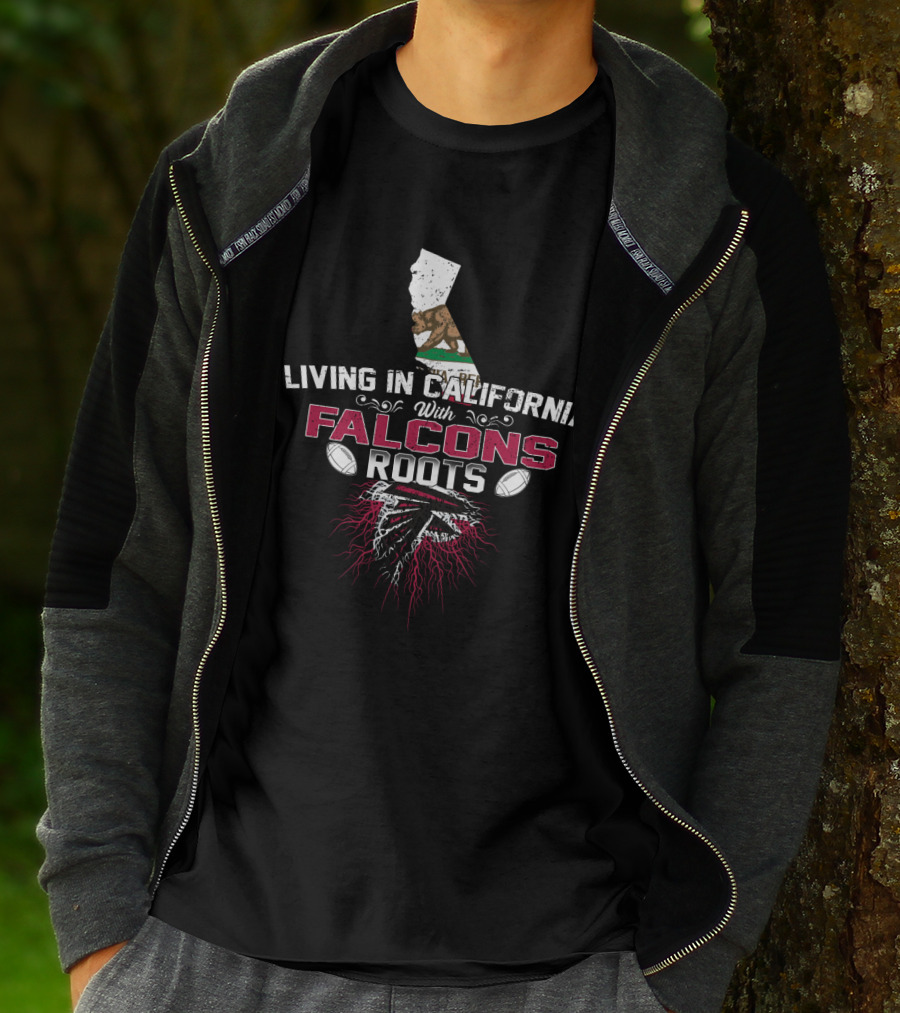 Living In California With Falcons Roots California Map And Footballs T-Shirt