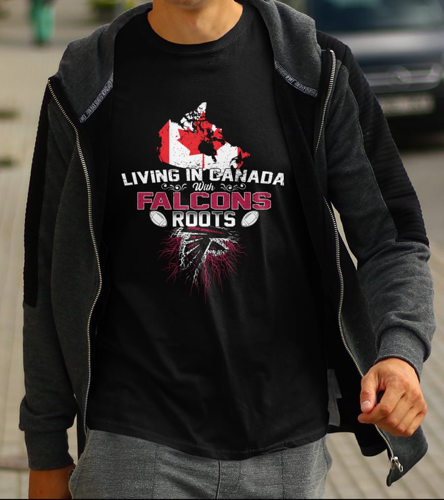 Living In Canada With Falcons Roots NFL Football Canada Map Flag T-Shirt