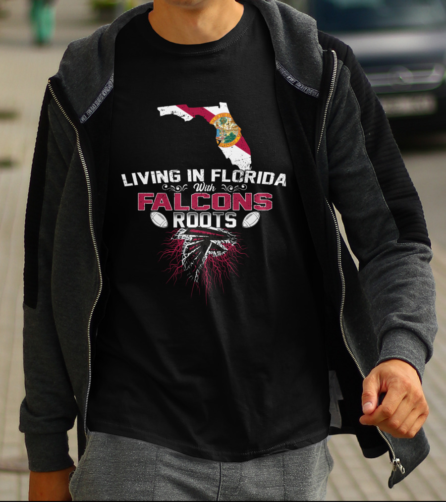 Living In Florida With Falcons Roots State Map And Football Graphics T-Shirt