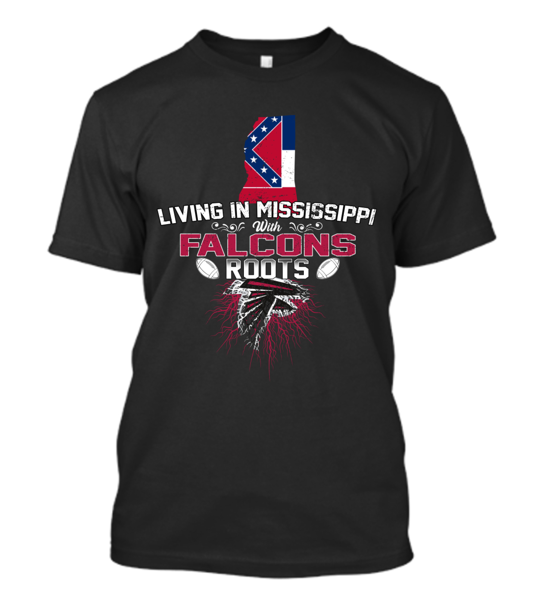 Living In Mississippi With Falcons Roots Mississippi Flag And Football Elements T-Shirt
