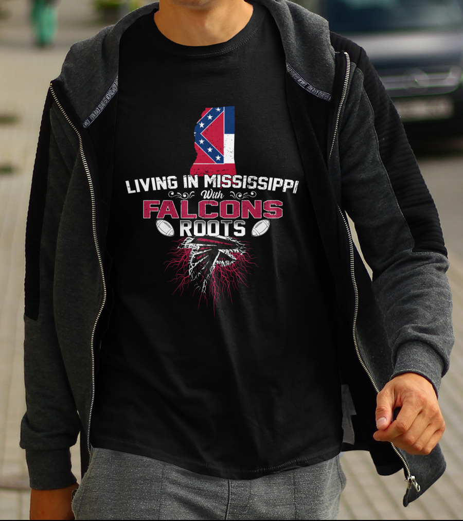 Living In Mississippi With Falcons Roots Mississippi Flag And Football Elements T-Shirt