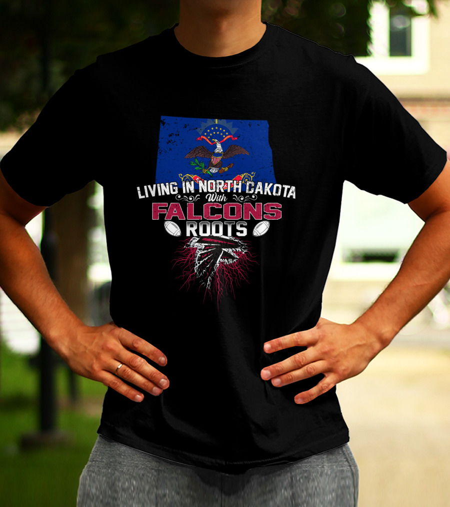 Living IN North Dakota With Falcons Roots Flag Eagle Football Logo Icons T-Shirt