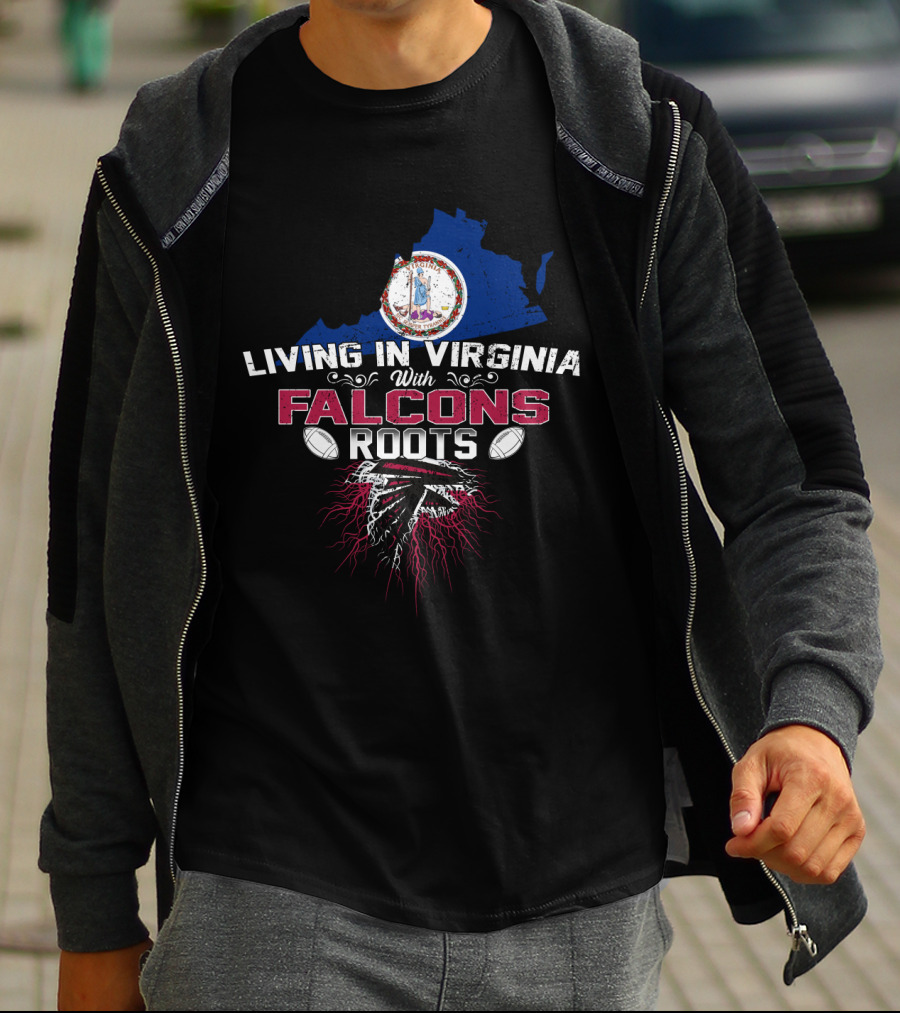 Living In Virginia With Falcons Roots Virginia Map And Football Team T-Shirt