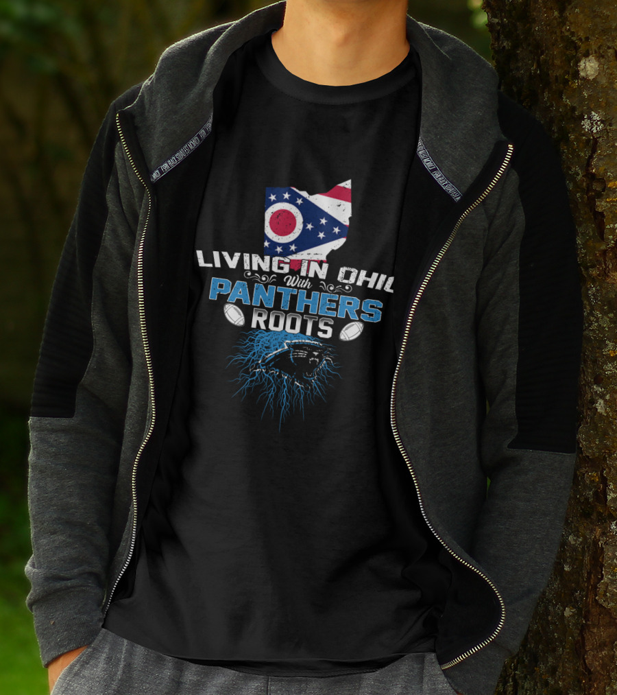 Living In Ohio With Panthers Roots Flag Map Football Panther Head T-Shirt