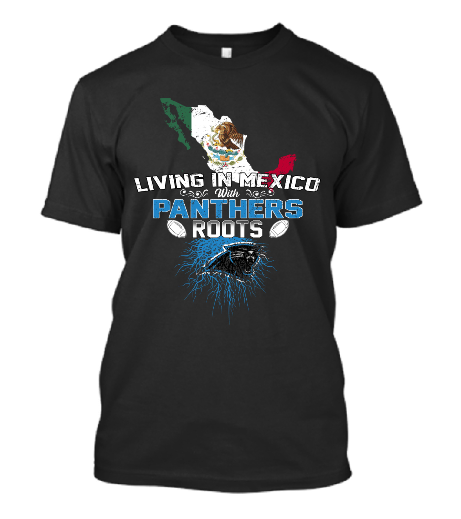 Living In Mexico With Carolina Panthers Roots Mexico Map Flag Football Fan T-Shirt