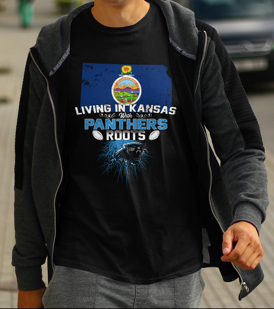 Living In Kansas With Panthers Roots Kansas State Outline And Panther Emblem With Footballs T-Shirt