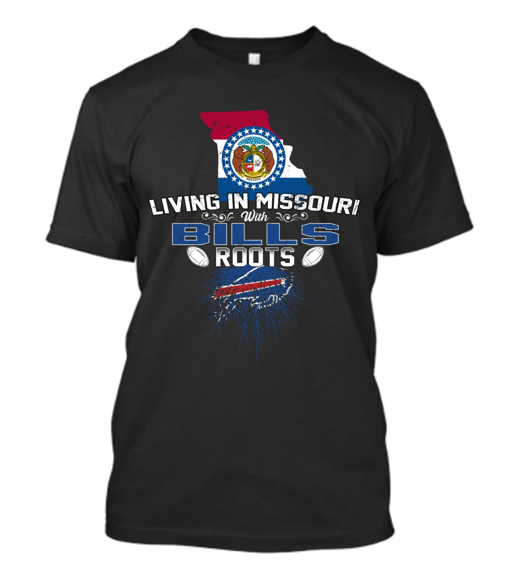 Living In Missouri With Bills Roots Featuring Missouri Flag And Football Elements T-Shirt
