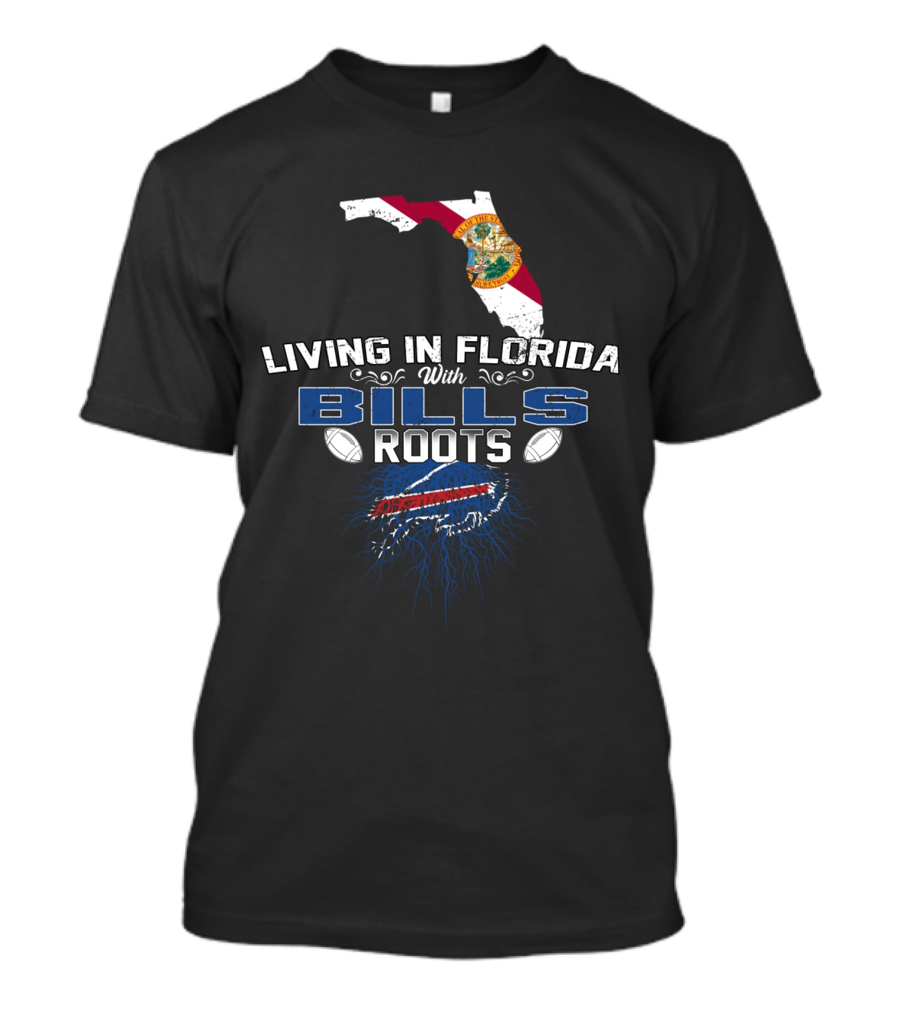 Living In Florida With Buffalo Bills Football Roots And Florida State Map T-Shirt