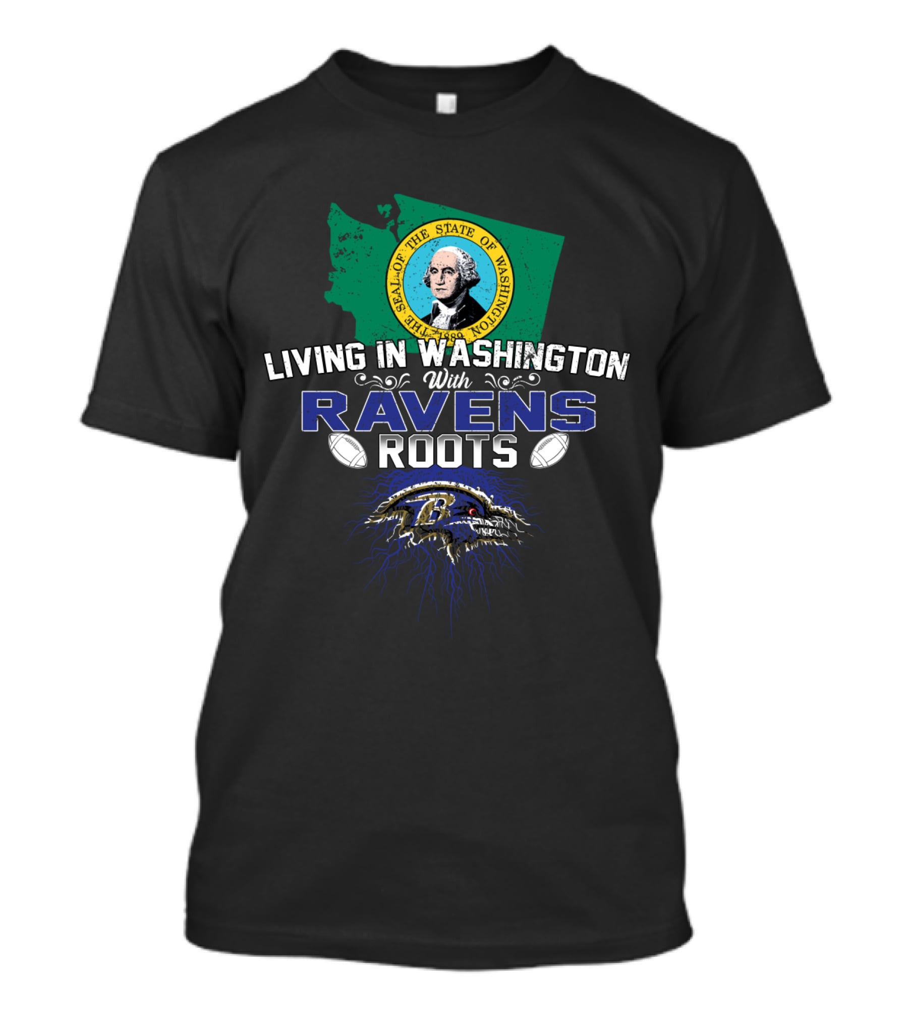 Living In Washington With Ravens Roots Seal Of Washington Ravens T-Shirt