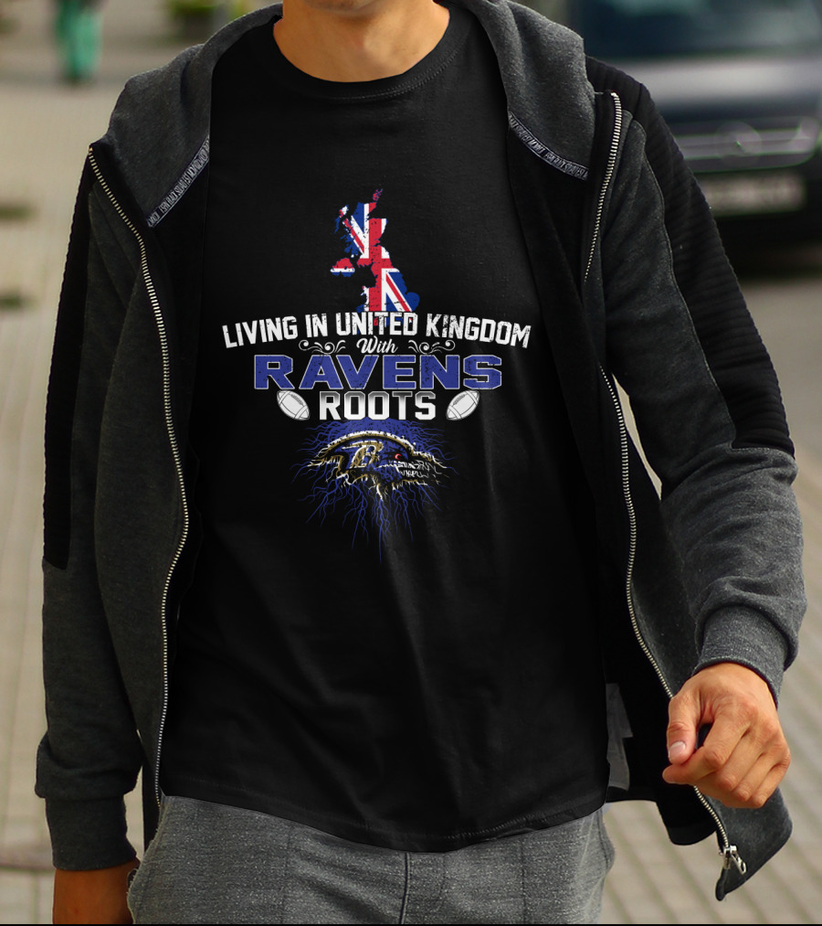 Living In United Kingdom With Ravens Roots NFL Baltimore Ravens Logo UK Flag Map T-Shirt