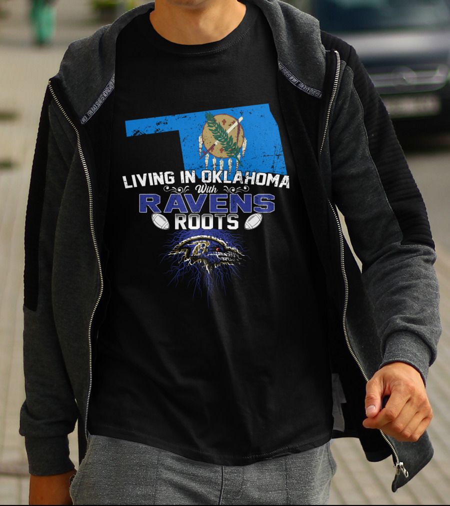 Living In Oklahoma With Ravens Roots Oklahoma Map Football T-Shirt