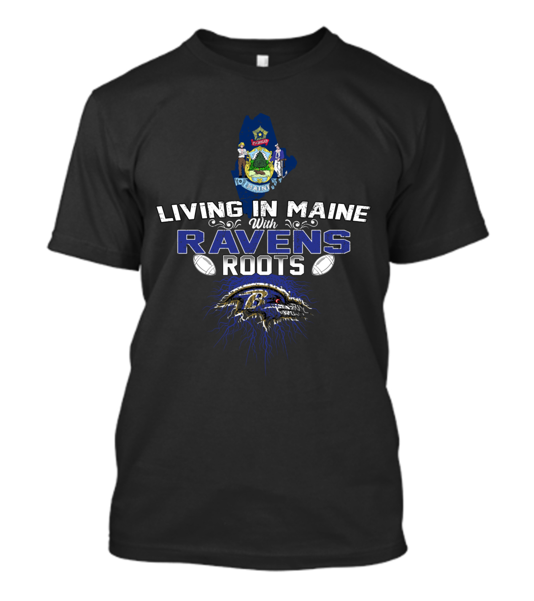 Living In Maine With Ravens Roots Baltimore Football Logo Blue Map T-Shirt
